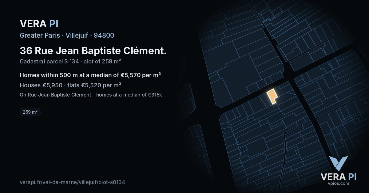 36 Rue Jean Baptiste Clément, Villejuif at night – the plot lit, the parcels around coloured by the prices near them
