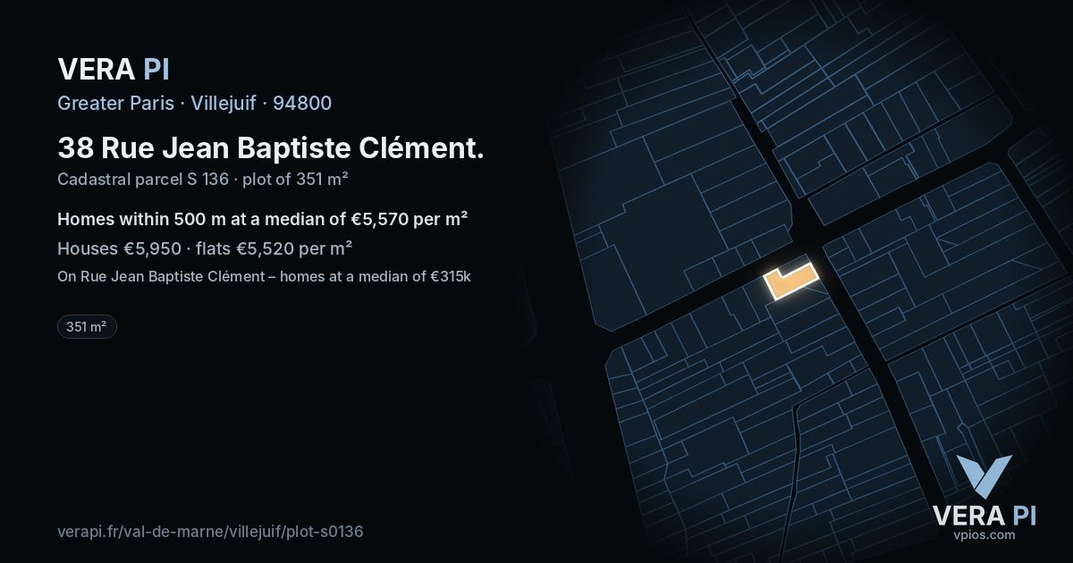 38 Rue Jean Baptiste Clément, Villejuif at night – the plot lit, the parcels around coloured by the prices near them