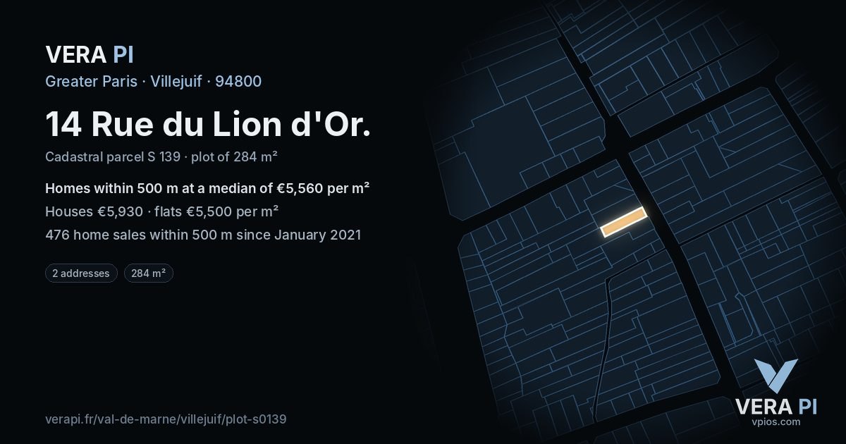 14 Rue du Lion d'Or, Villejuif at night – the plot lit, the parcels around coloured by the prices near them