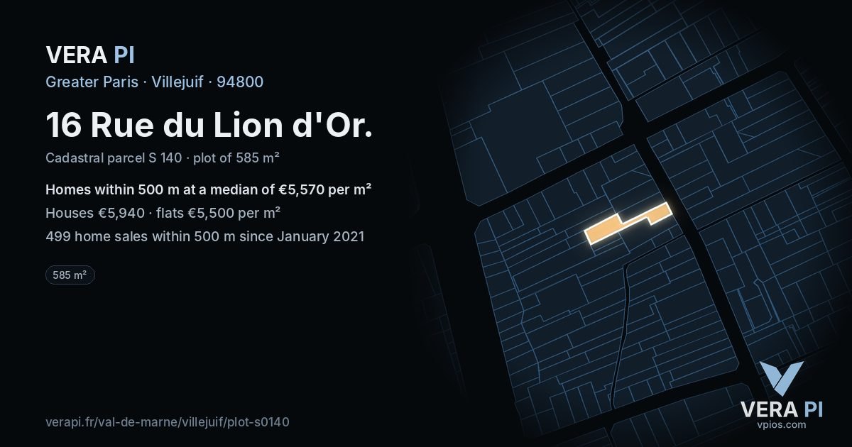 16 Rue du Lion d'Or, Villejuif at night – the plot lit, the parcels around coloured by the prices near them