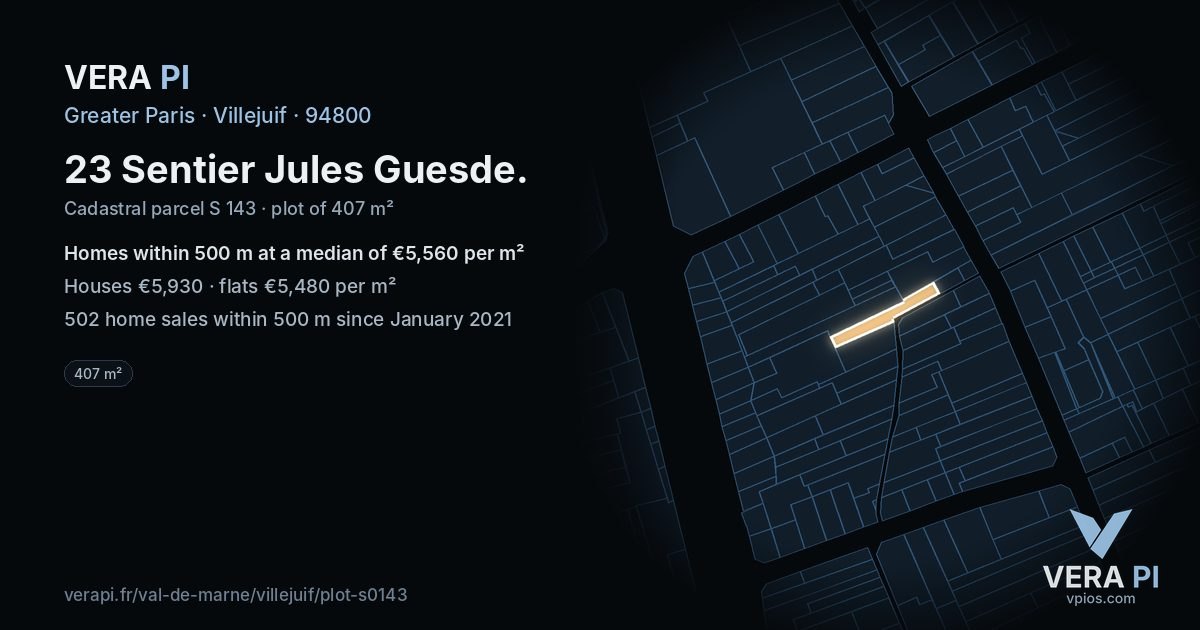 23 Sentier Jules Guesde, Villejuif at night – the plot lit, the parcels around coloured by the prices near them