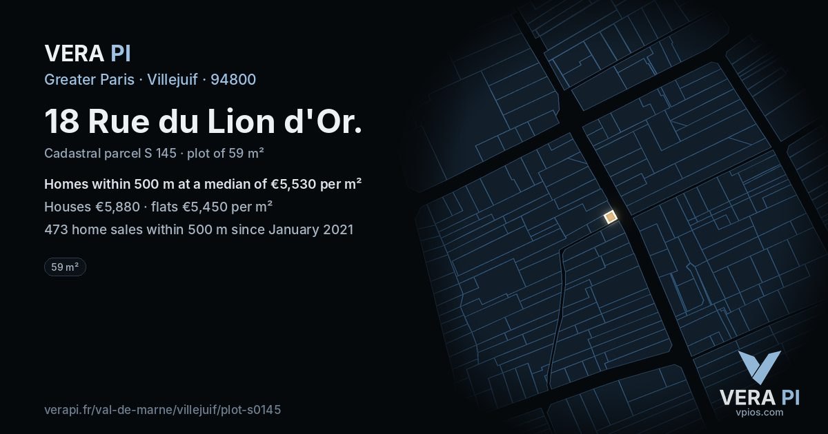 18 Rue du Lion d'Or, Villejuif at night – the plot lit, the parcels around coloured by the prices near them