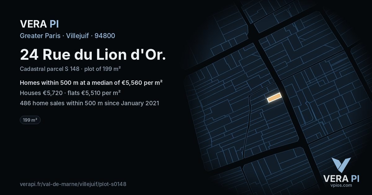 24 Rue du Lion d'Or, Villejuif at night – the plot lit, the parcels around coloured by the prices near them