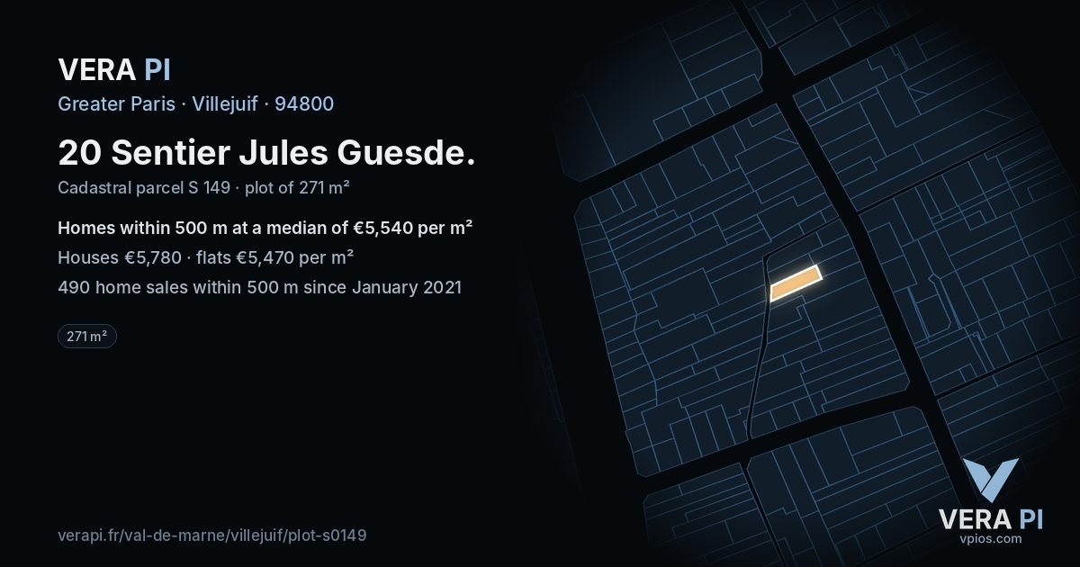 20 Sentier Jules Guesde, Villejuif at night – the plot lit, the parcels around coloured by the prices near them