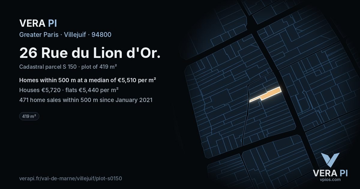 26 Rue du Lion d'Or, Villejuif at night – the plot lit, the parcels around coloured by the prices near them