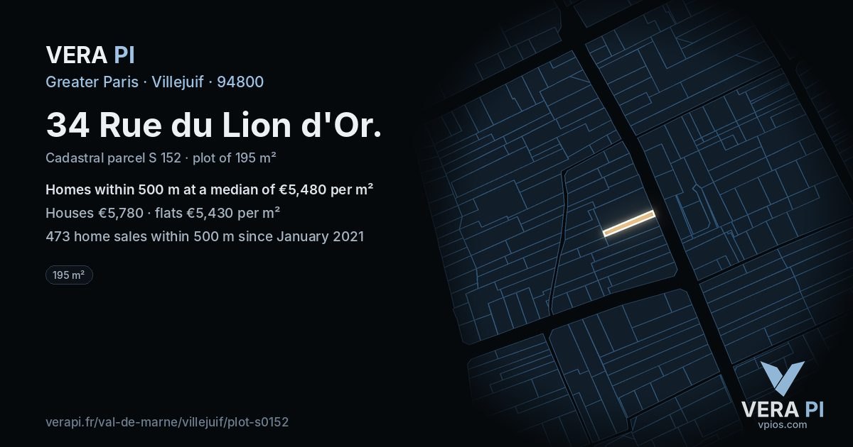 34 Rue du Lion d'Or, Villejuif at night – the plot lit, the parcels around coloured by the prices near them