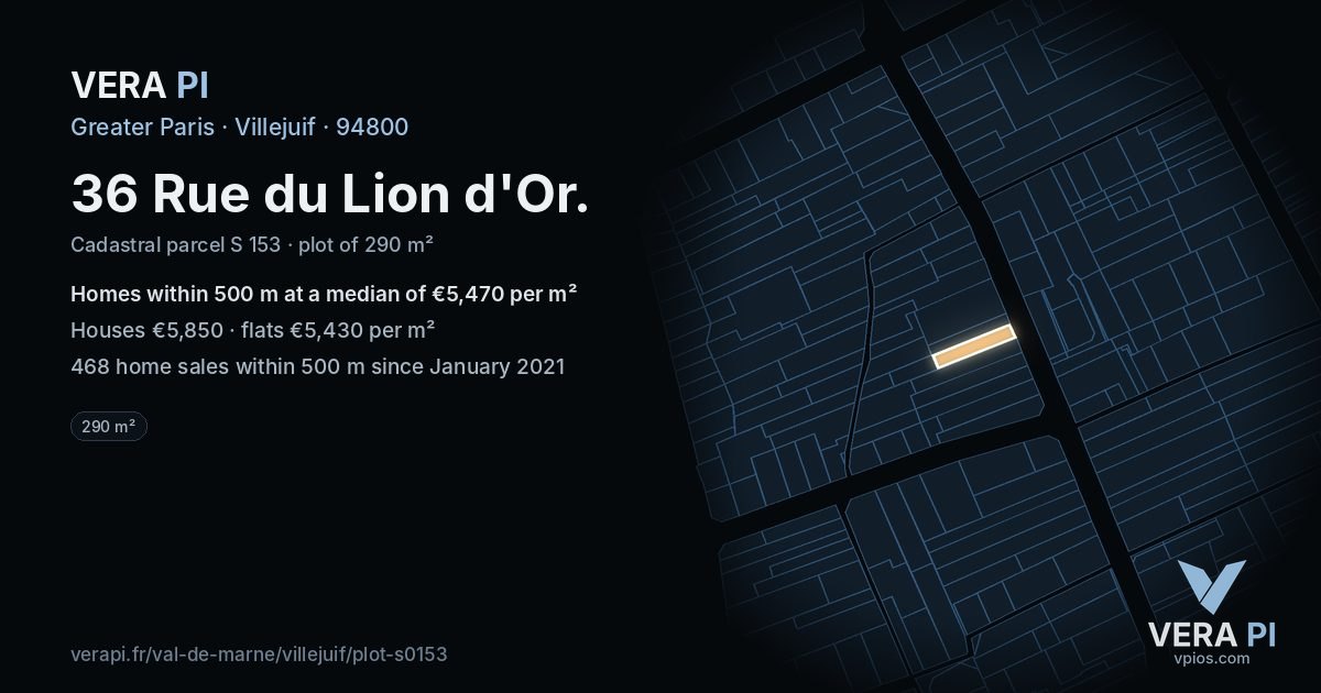 36 Rue du Lion d'Or, Villejuif at night – the plot lit, the parcels around coloured by the prices near them