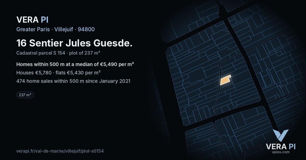 16 Sentier Jules Guesde, Villejuif at night – the plot lit, the parcels around coloured by the prices near them