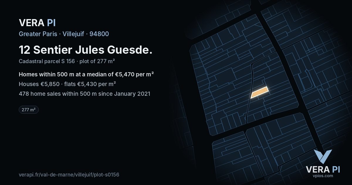12 Sentier Jules Guesde, Villejuif at night – the plot lit, the parcels around coloured by the prices near them