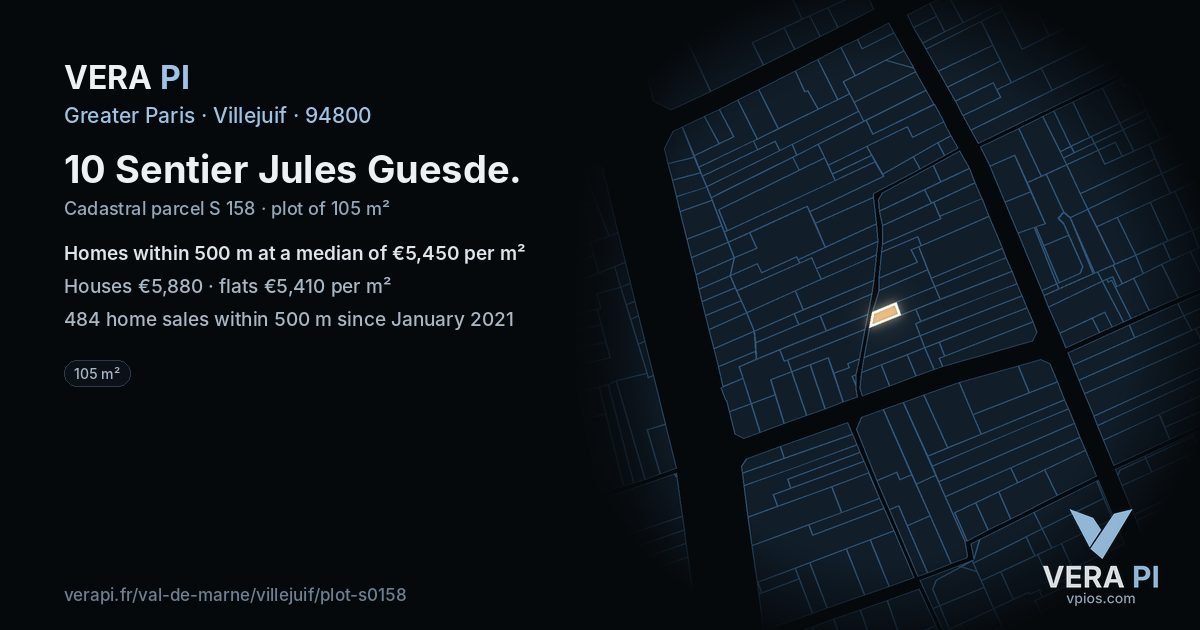 10 Sentier Jules Guesde, Villejuif at night – the plot lit, the parcels around coloured by the prices near them