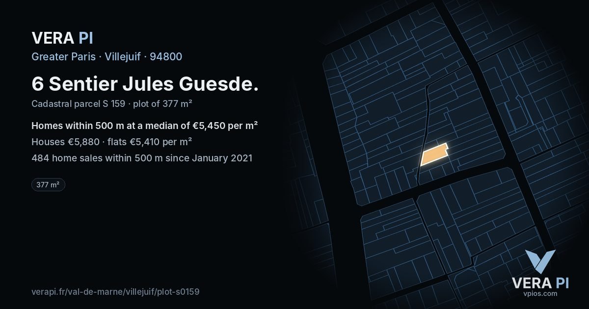 6 Sentier Jules Guesde, Villejuif at night – the plot lit, the parcels around coloured by the prices near them