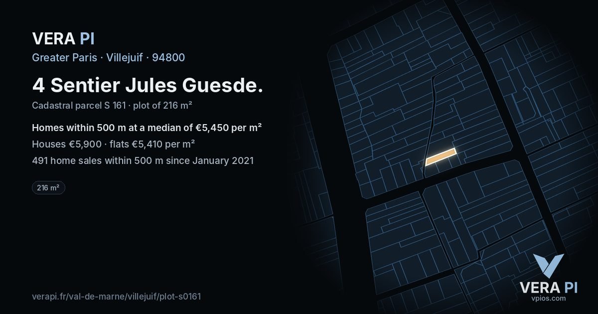 4 Sentier Jules Guesde, Villejuif at night – the plot lit, the parcels around coloured by the prices near them