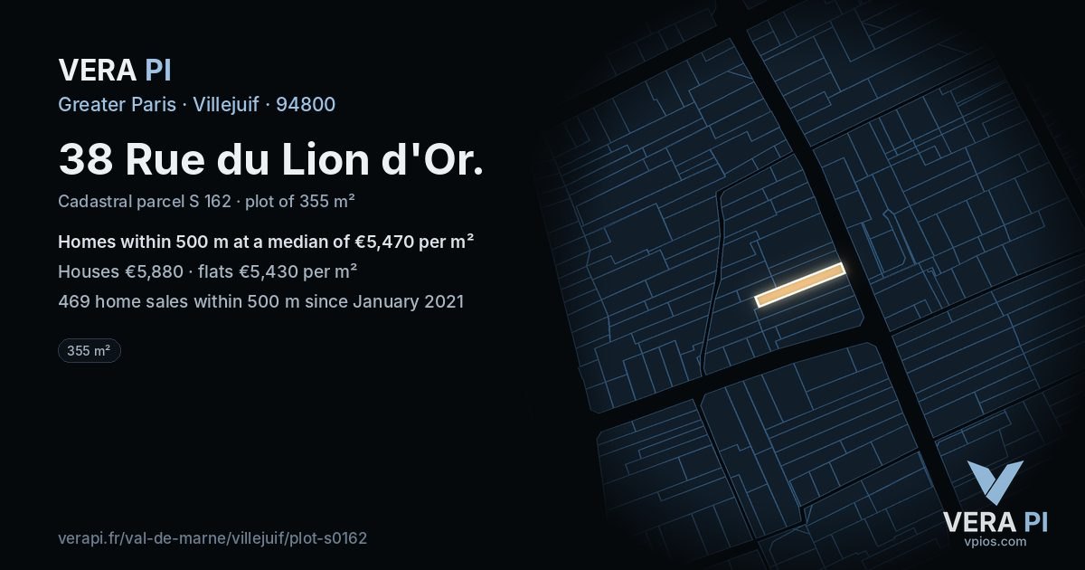 38 Rue du Lion d'Or, Villejuif at night – the plot lit, the parcels around coloured by the prices near them