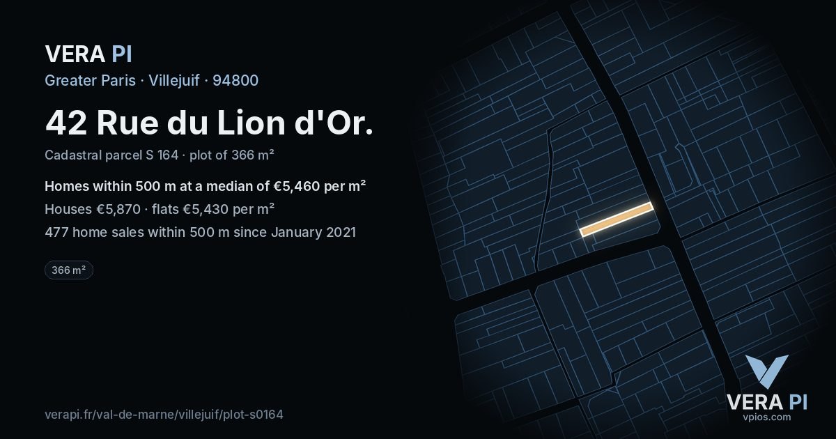 42 Rue du Lion d'Or, Villejuif at night – the plot lit, the parcels around coloured by the prices near them