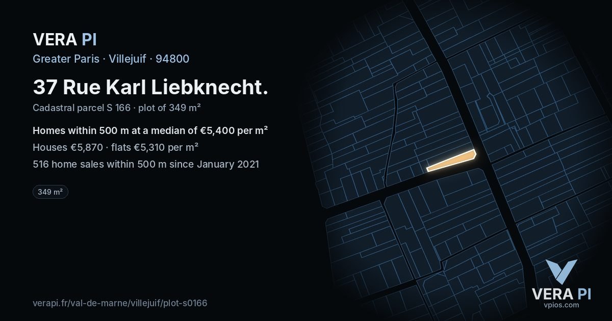 37 Rue Karl Liebknecht, Villejuif at night – the plot lit, the parcels around coloured by the prices near them
