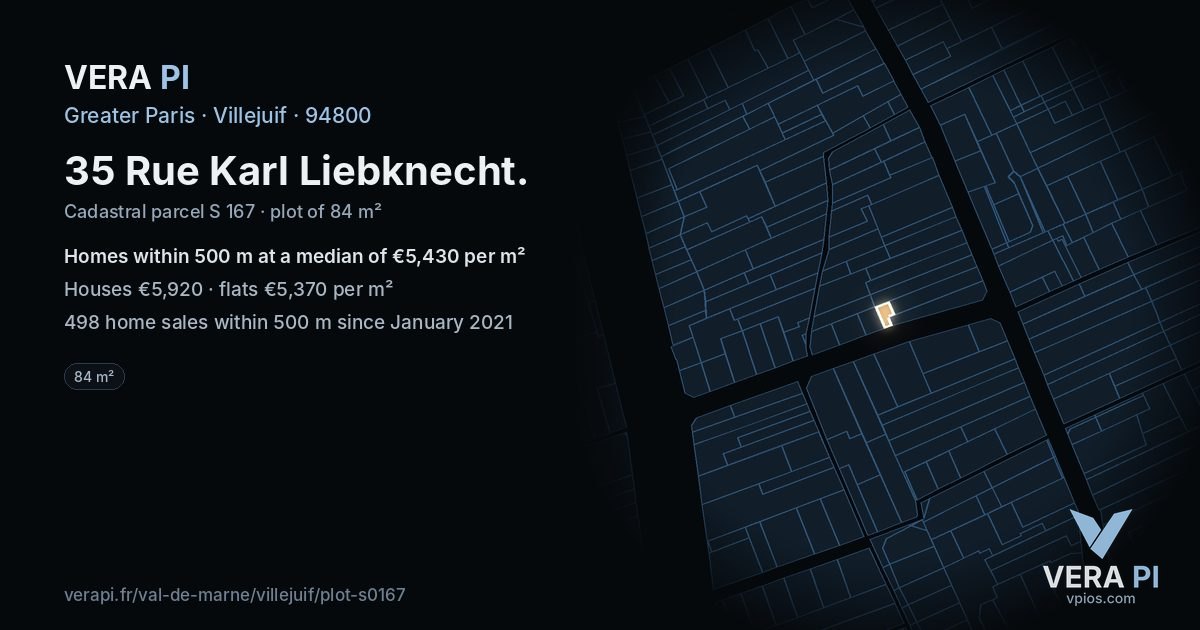 35 Rue Karl Liebknecht, Villejuif at night – the plot lit, the parcels around coloured by the prices near them