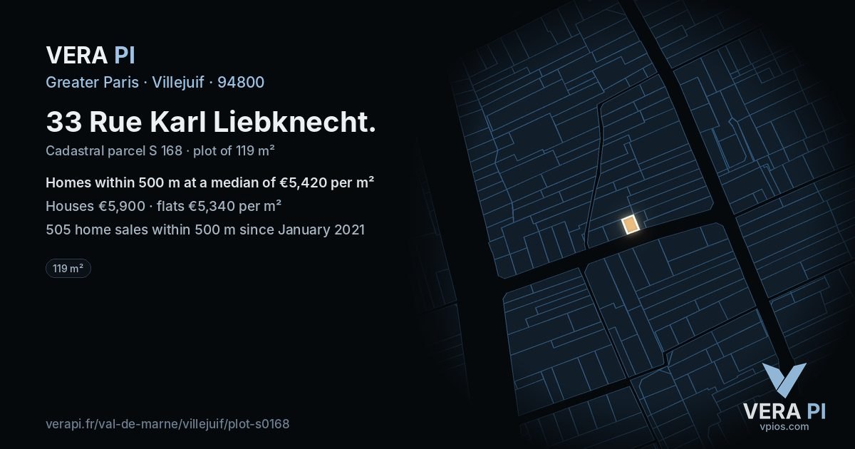 33 Rue Karl Liebknecht, Villejuif at night – the plot lit, the parcels around coloured by the prices near them