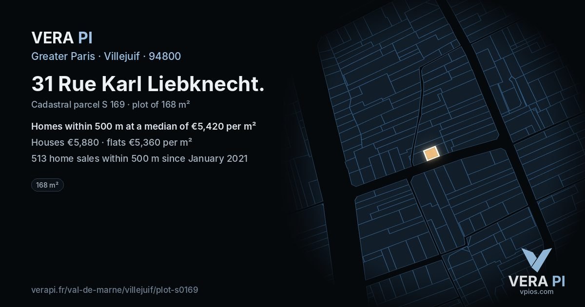 31 Rue Karl Liebknecht, Villejuif at night – the plot lit, the parcels around coloured by the prices near them