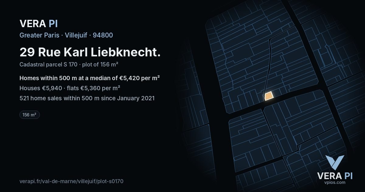29 Rue Karl Liebknecht, Villejuif at night – the plot lit, the parcels around coloured by the prices near them