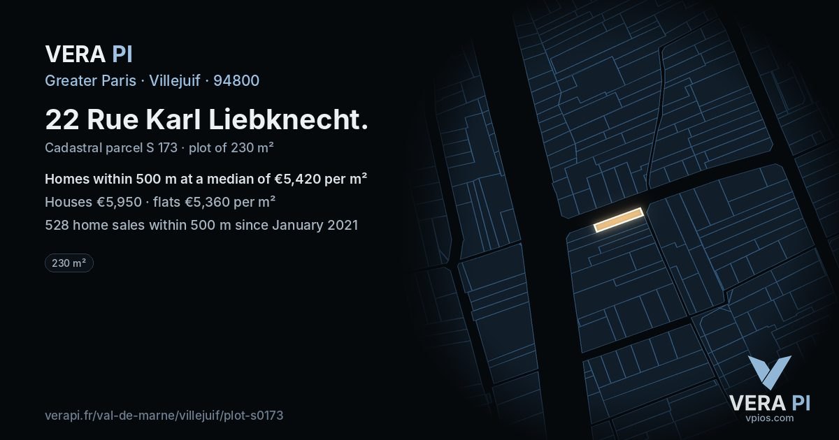 22 Rue Karl Liebknecht, Villejuif at night – the plot lit, the parcels around coloured by the prices near them