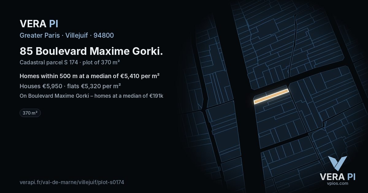 85 Boulevard Maxime Gorki, Villejuif at night – the plot lit, the parcels around coloured by the prices near them
