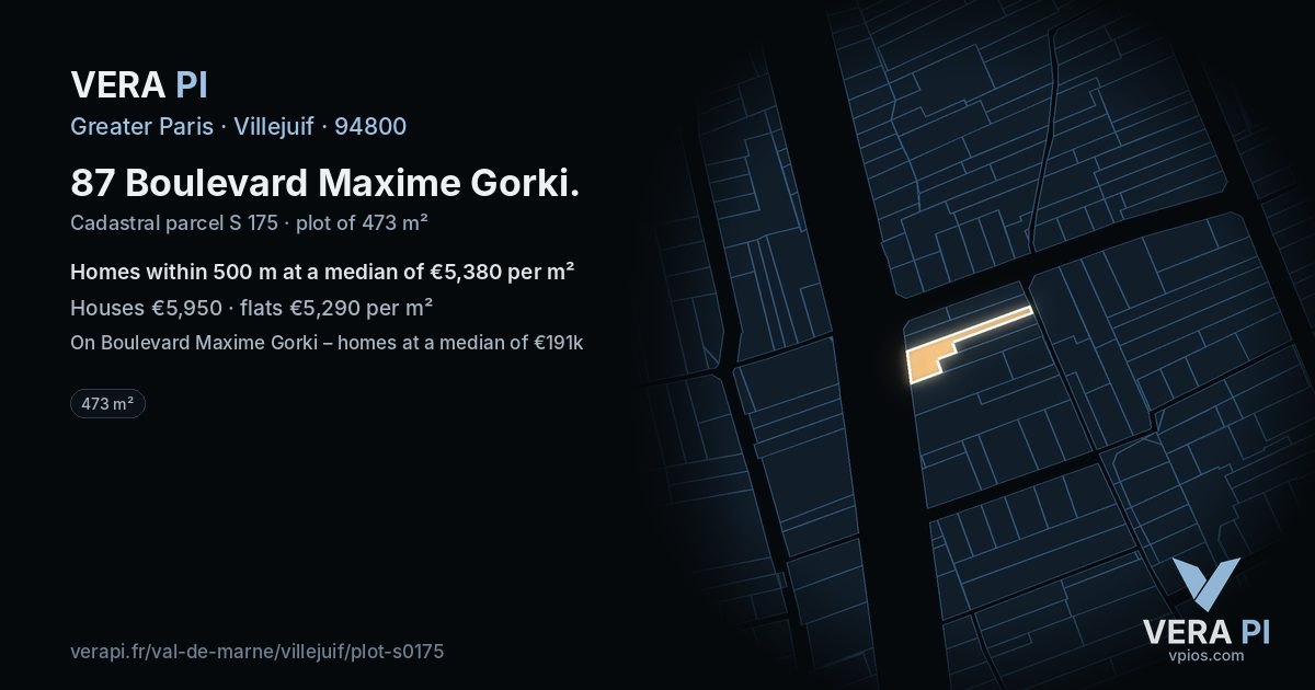 87 Boulevard Maxime Gorki, Villejuif at night – the plot lit, the parcels around coloured by the prices near them