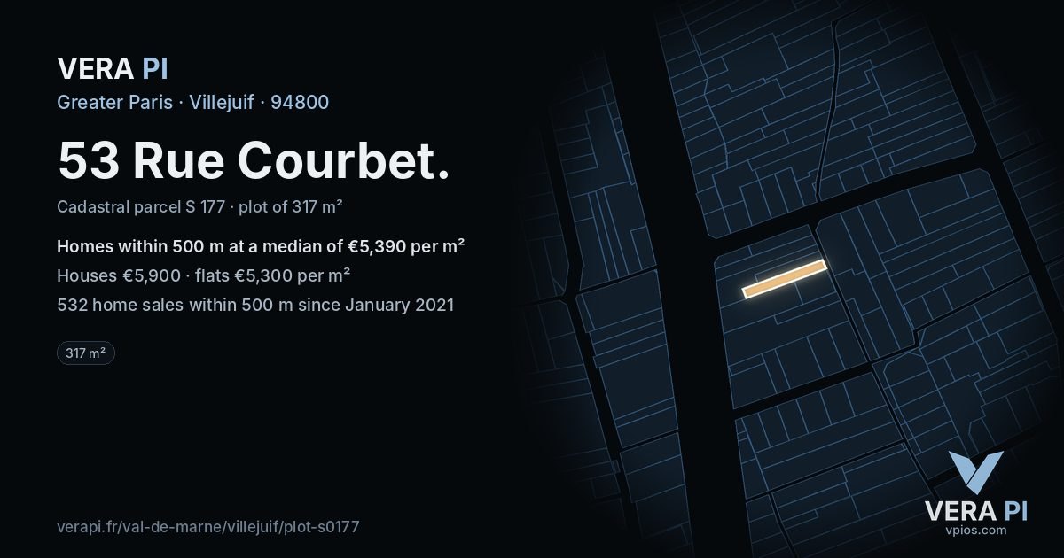 53 Rue Courbet, Villejuif at night – the plot lit, the parcels around coloured by the prices near them
