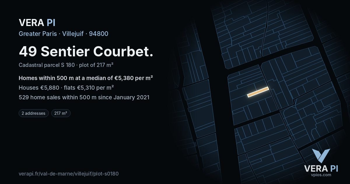 49 Sentier Courbet, Villejuif at night – the plot lit, the parcels around coloured by the prices near them