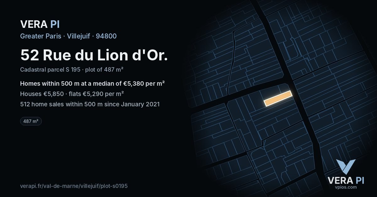 52 Rue du Lion d'Or, Villejuif at night – the plot lit, the parcels around coloured by the prices near them