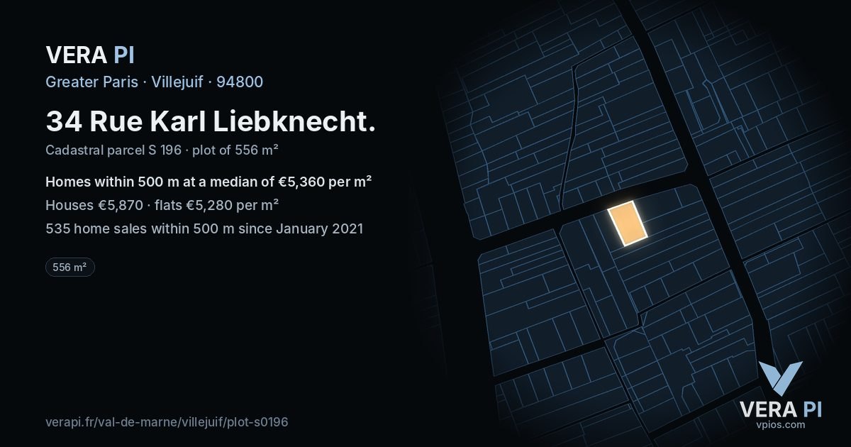 34 Rue Karl Liebknecht, Villejuif at night – the plot lit, the parcels around coloured by the prices near them