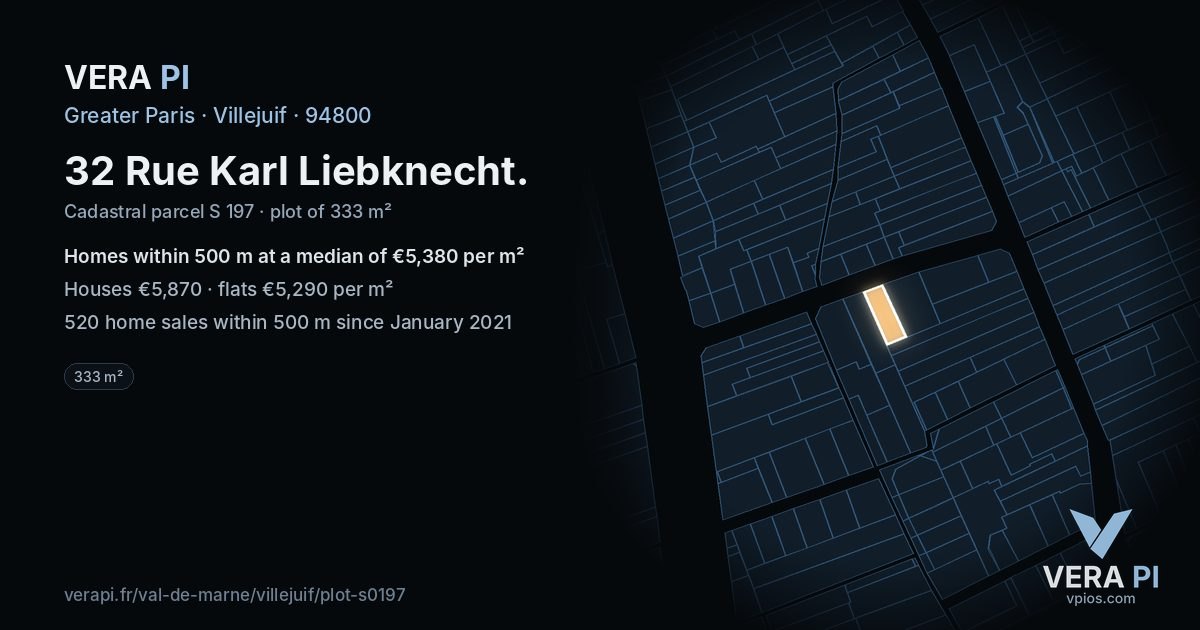 32 Rue Karl Liebknecht, Villejuif at night – the plot lit, the parcels around coloured by the prices near them