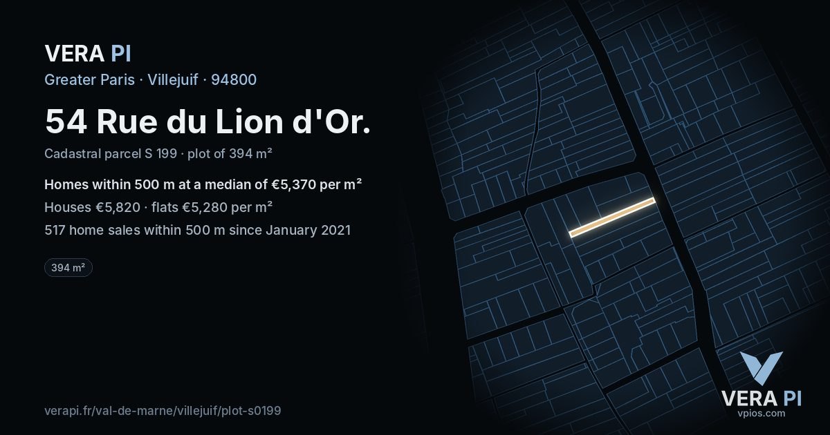 54 Rue du Lion d'Or, Villejuif at night – the plot lit, the parcels around coloured by the prices near them