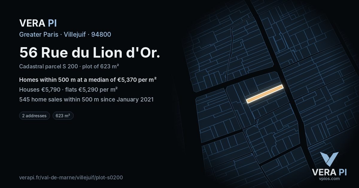 56 Rue du Lion d'Or, Villejuif at night – the plot lit, the parcels around coloured by the prices near them