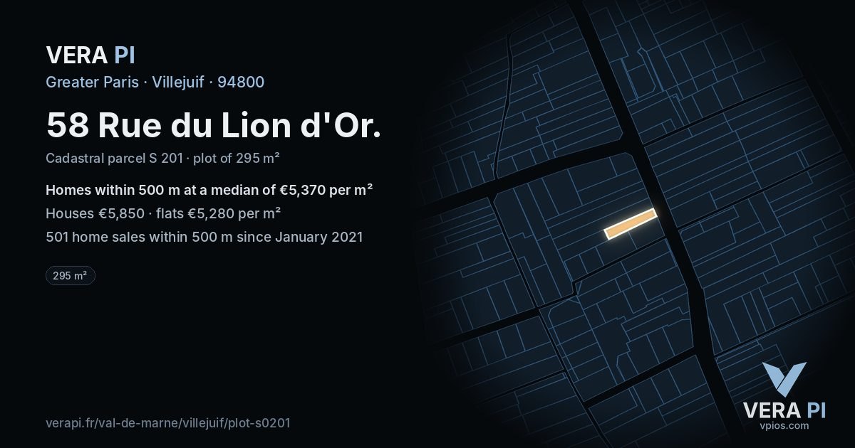 58 Rue du Lion d'Or, Villejuif at night – the plot lit, the parcels around coloured by the prices near them