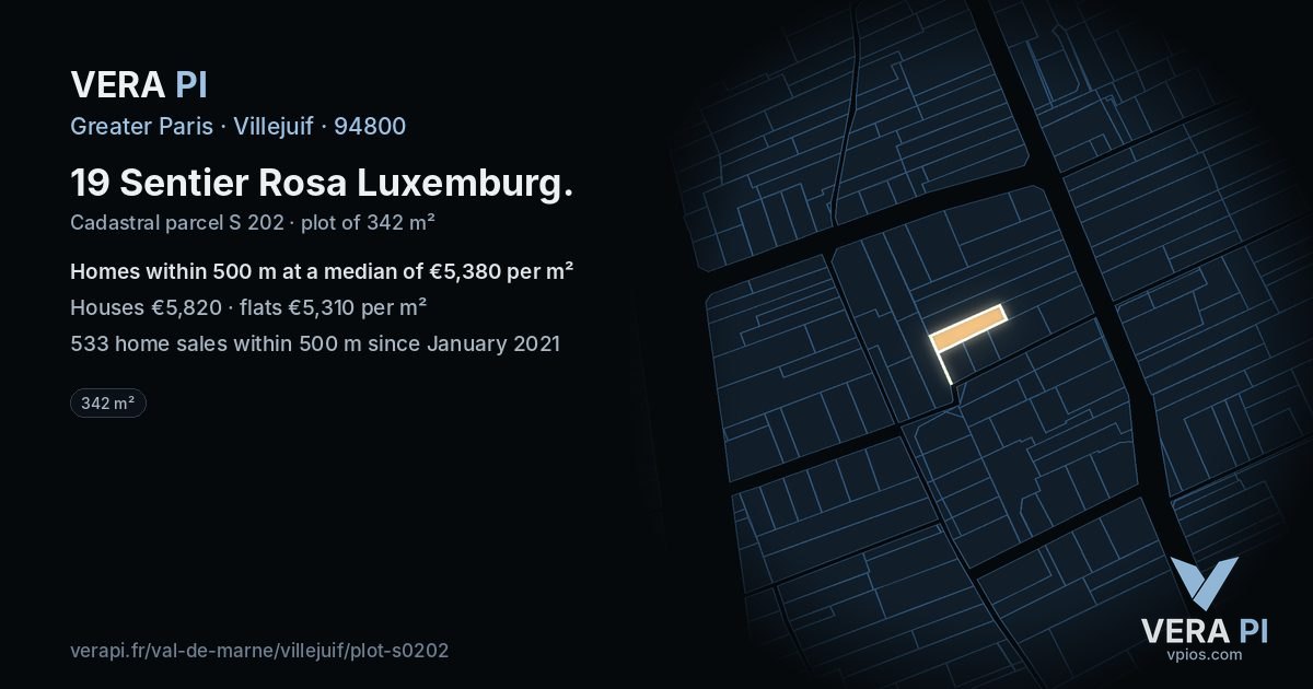 19 Sentier Rosa Luxemburg, Villejuif at night – the plot lit, the parcels around coloured by the prices near them