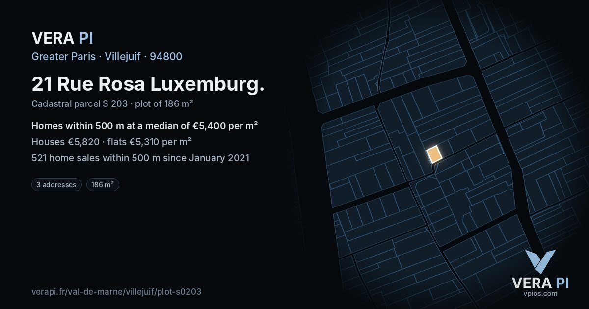 21 Rue Rosa Luxemburg, Villejuif at night – the plot lit, the parcels around coloured by the prices near them