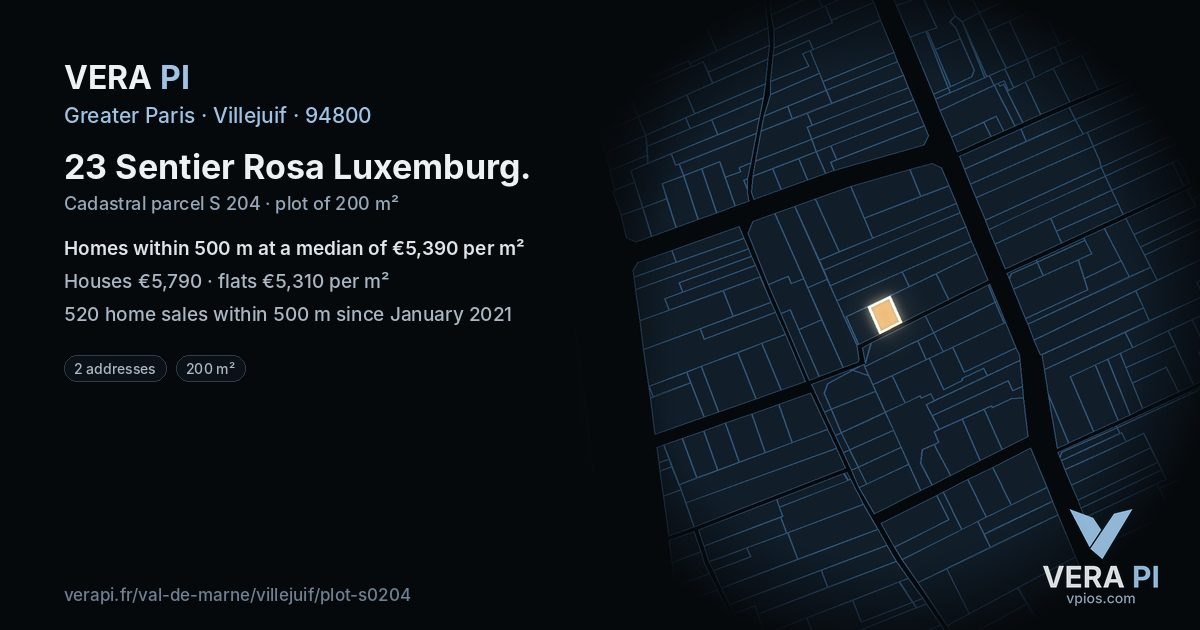23 Sentier Rosa Luxemburg, Villejuif at night – the plot lit, the parcels around coloured by the prices near them