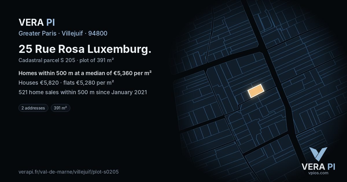 25 Rue Rosa Luxemburg, Villejuif at night – the plot lit, the parcels around coloured by the prices near them