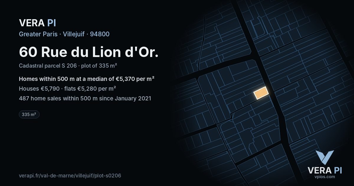 60 Rue du Lion d'Or, Villejuif at night – the plot lit, the parcels around coloured by the prices near them