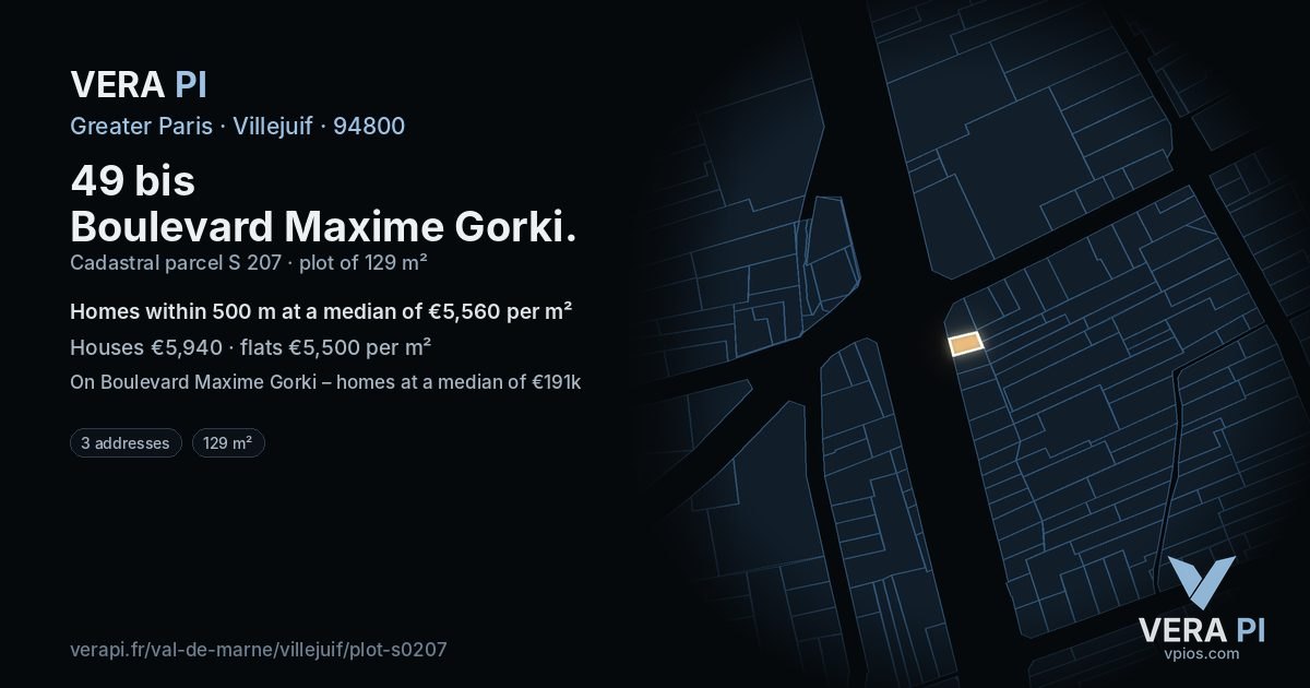 49 bis Boulevard Maxime Gorki, Villejuif at night – the plot lit, the parcels around coloured by the prices near them
