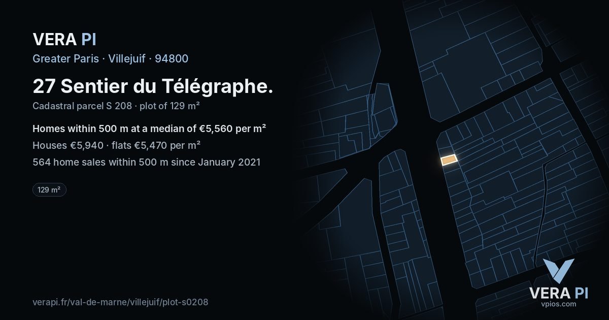 27 Sentier du Télégraphe, Villejuif at night – the plot lit, the parcels around coloured by the prices near them