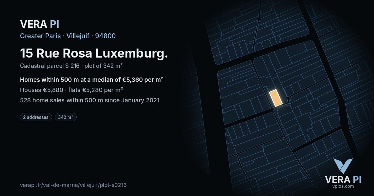 15 Rue Rosa Luxemburg, Villejuif at night – the plot lit, the parcels around coloured by the prices near them