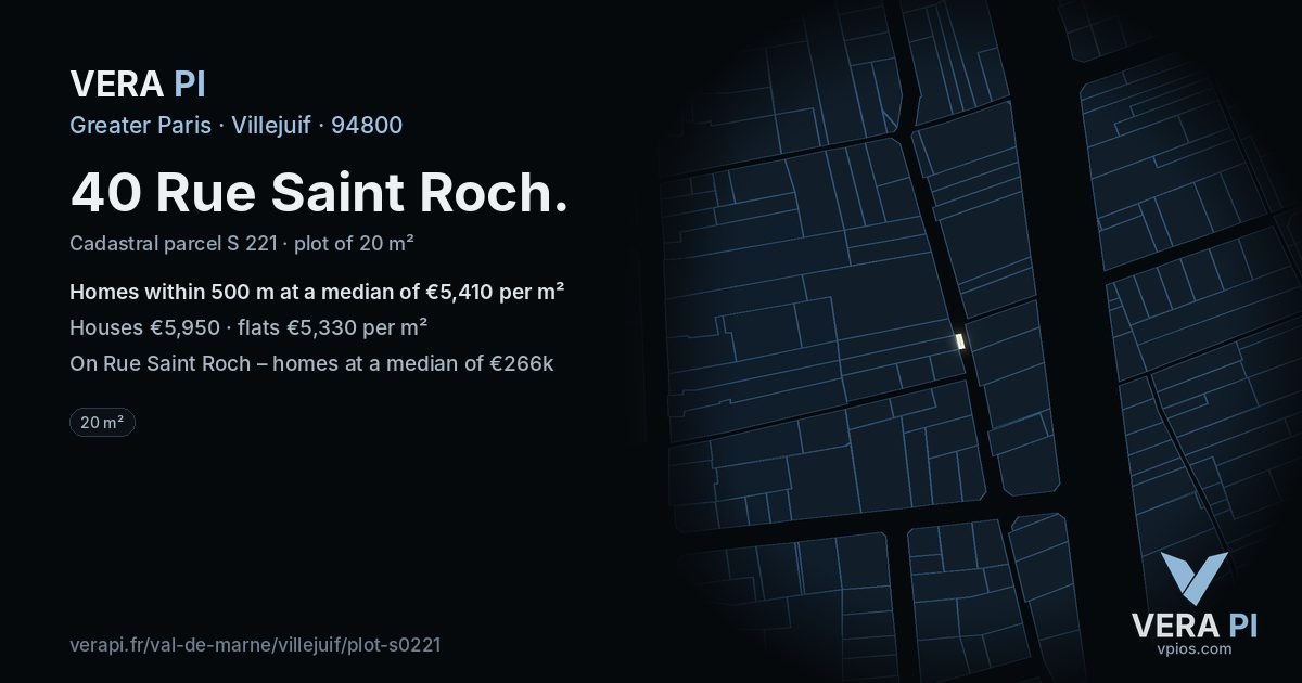40 Rue Saint Roch, Villejuif at night – the plot lit, the parcels around coloured by the prices near them