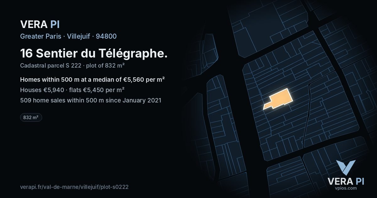 16 Sentier du Télégraphe, Villejuif at night – the plot lit, the parcels around coloured by the prices near them