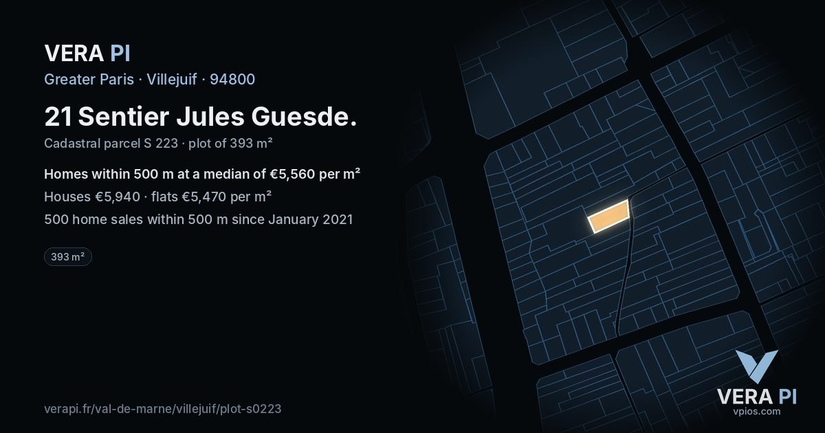 21 Sentier Jules Guesde, Villejuif at night – the plot lit, the parcels around coloured by the prices near them