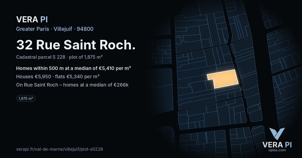 32 Rue Saint Roch, Villejuif at night – the plot lit, the parcels around coloured by the prices near them