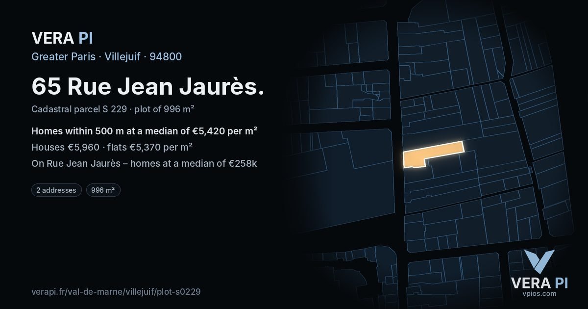 65 Rue Jean Jaurès, Villejuif at night – the plot lit, the parcels around coloured by the prices near them