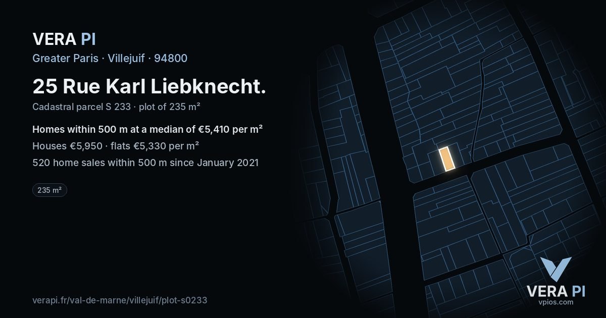 25 Rue Karl Liebknecht, Villejuif at night – the plot lit, the parcels around coloured by the prices near them