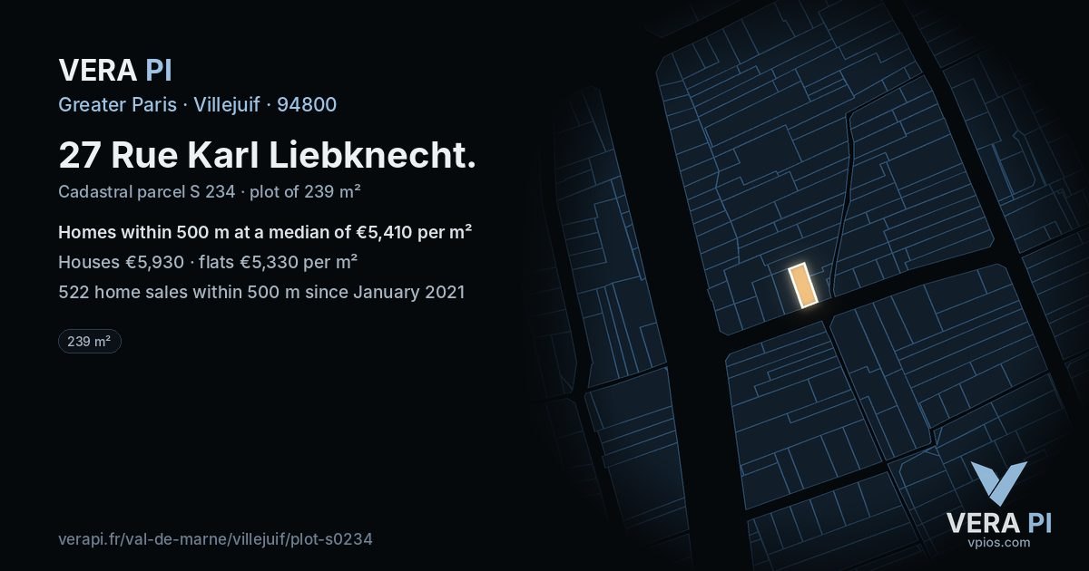 27 Rue Karl Liebknecht, Villejuif at night – the plot lit, the parcels around coloured by the prices near them