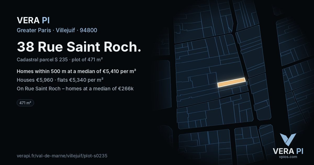 38 Rue Saint Roch, Villejuif at night – the plot lit, the parcels around coloured by the prices near them